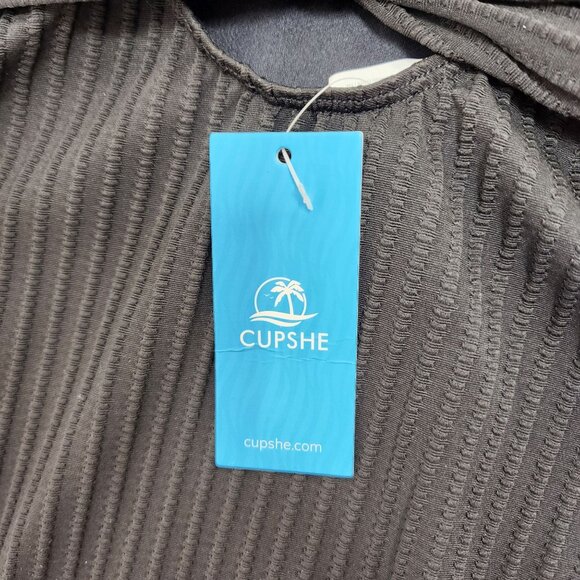 Black Ribbed One-Piece Swimsuit  Plunge Neckline Waist Detail Cupshe  Size S - Picture 2 of 9